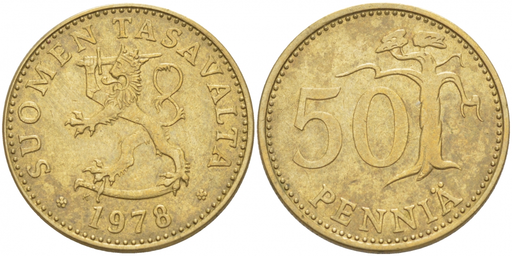 ФИНЛЯНДИЯ 50 ПЕННИ 1978 K KM 48 алюминиевая бронза 212-1115