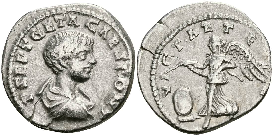 Римская Империя денарий 200 - 202 Гета в ранге цезаря VICT AETERN Виктория Лаодикея Приморская Good Very fine RIC 101 серебро 000-00-00