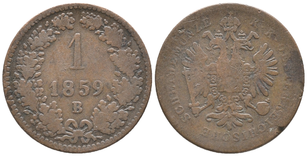 Австрия 1 крейцер 1859 В, Франц Иосиф I (1848-1916) KM 2186 медь 100-933