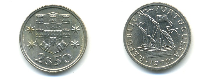 ПОРТУГАЛИЯ 2,5 ЭСКУДО 1979 ПАРУСНИК KM 590 медно-никель 176-152