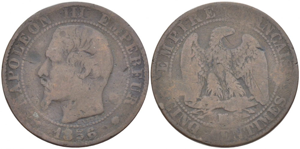 ФРАНЦИЯ 5 САНТИМОВ 1856 MA, НАПОЛЕОН III (1852-1870) КМ 777.6, LA FRANC 116.35 бронза 4402-911