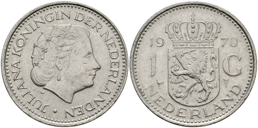 Нидерланды 1 гульден 1970 Юлиана (1948-1980) KM 184а никель 94-626