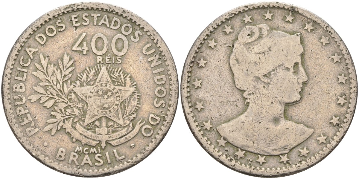 Бразилия 400 рейс 1901 голова свободы вправо KM 505 медно-никель 4367-215