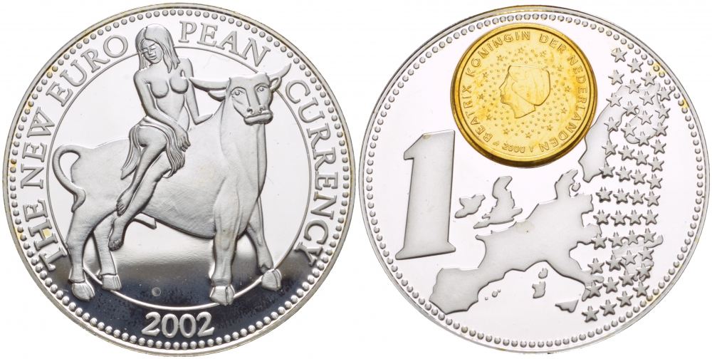 НИДЕРЛАНДЫ МЕДАЛЬ 2002 МОНЕТА НА МЕДАЛИ, СЕРИЯ ПЕРВЫЕ ЕВРОМОНЕТЫ СТРАН ЕВРОСОЮЗА, НИДЕРЛАНДЫ серебрение PROOF 1088-6-42