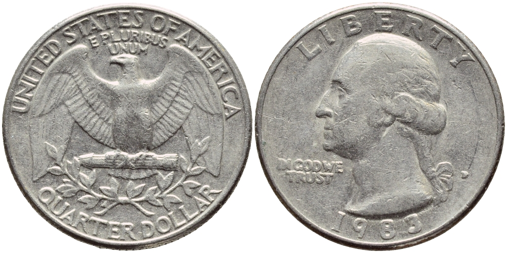 США 25 ЦЕНТОВ = КВОТЕР 1983 D, ВАШИНГТОН KM А164а медь плакированная медно-никелем 4397-123