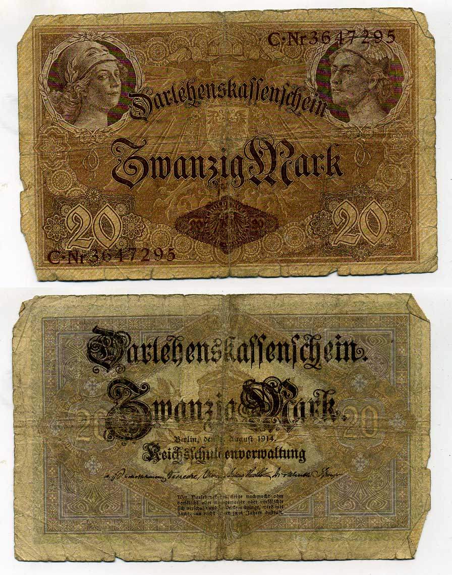 ГЕРМАНИЯ 20 МАРОК 1914 7 значный номер Pick 48 b бумага 6283-52-2