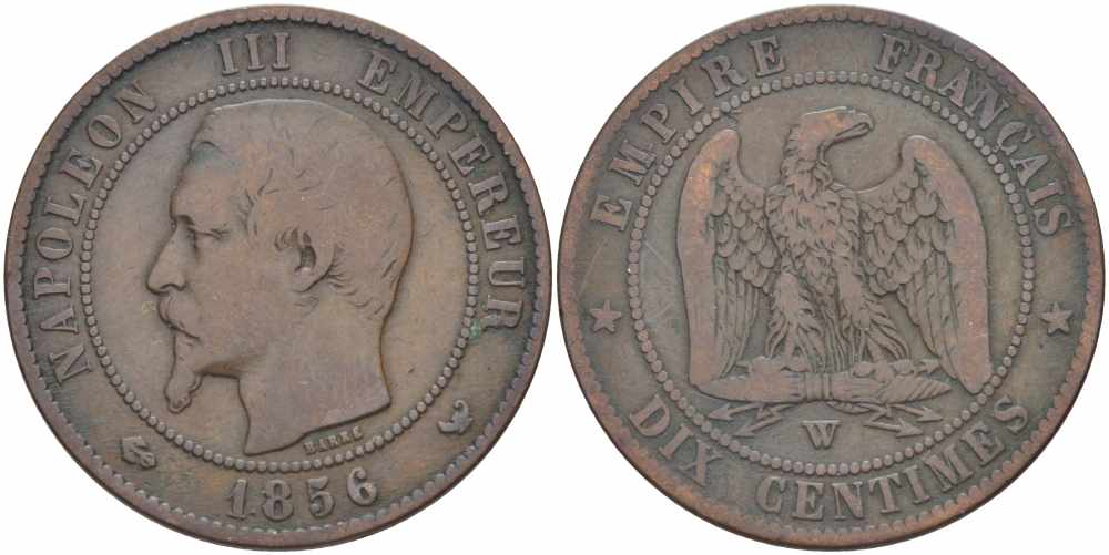 Франция 10 сантимов 1856 W, Наполеон III (1852-1870) KM 771.7, Le Franc 133.38 бронза    4680-626