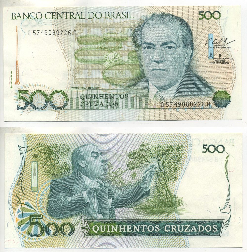 Бразилия 500 крузадо ND (1986-1988) серия A 5749, 100 лет со дня рождения Эйтор Вилла-Лобос Pick 212 c бумага 7547-55-3-1