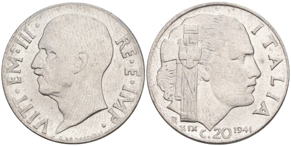 ИТАЛИЯ 20 ЧЕНТЕЗИМО 1941 R, ГОД XIX, ВИКТОР ЭММАНУИЛ III (1900-1946) KM 75b, VEM3. 1028 нержавеющая сталь 3853-1132