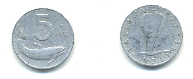 Италия 5 лир 1953 R, дельфин, плуг KM 92 алюминий 80-1231