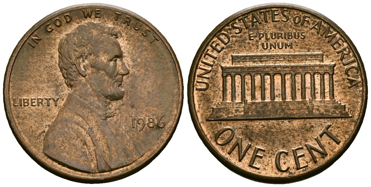 США 1 цент 1986 Линкольн KM 201b цинк плакированный медью 4136-321