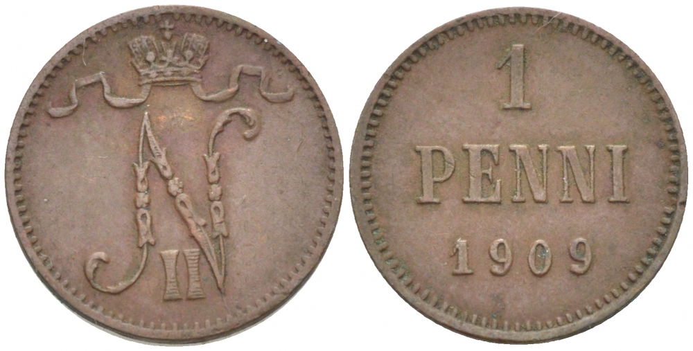 Россия для Финляндии 1 пенни 1909 Николай II (1894-1917) KM 13, Биткин 470 медь 4396-1317