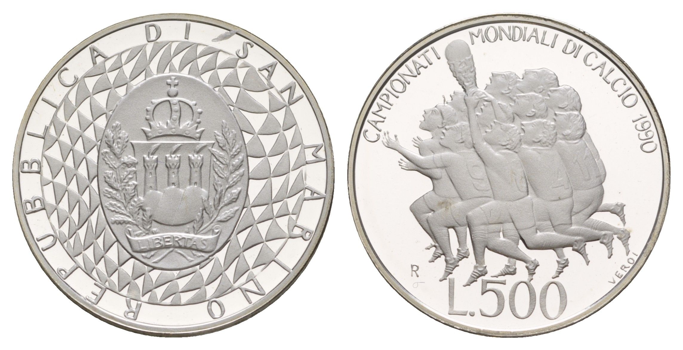 Сан-Марино 500 лир 1990 Чемпионат мира по футболу 1990 KM 246 серебро PROOF 1083-3-63