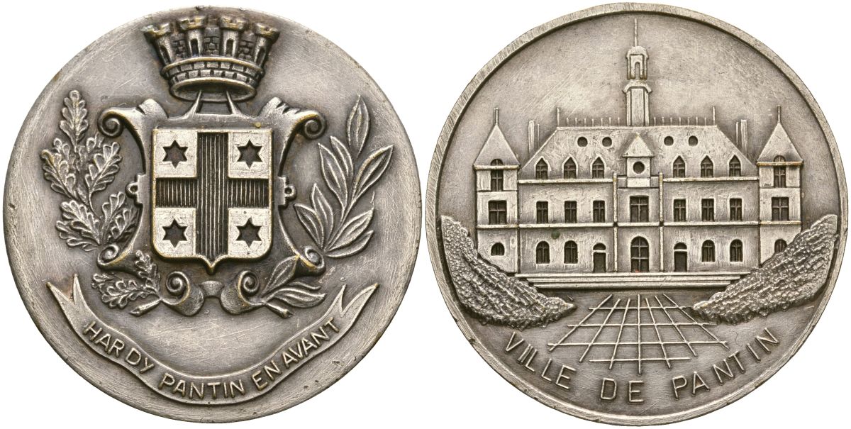 Франция медаль ND ратуша Пантина, диаметр 34 мм, вес 13,7 гр посеребренная латунь 08-411