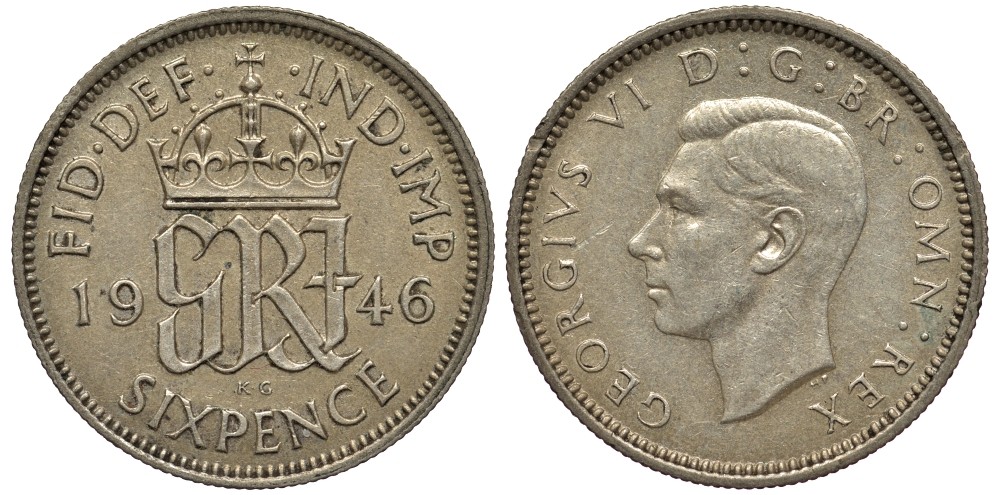 Великобритания 6 пенсов 1946 Георг VI (1936-1952) KM 852, Spink 4084 серебро 4538-623