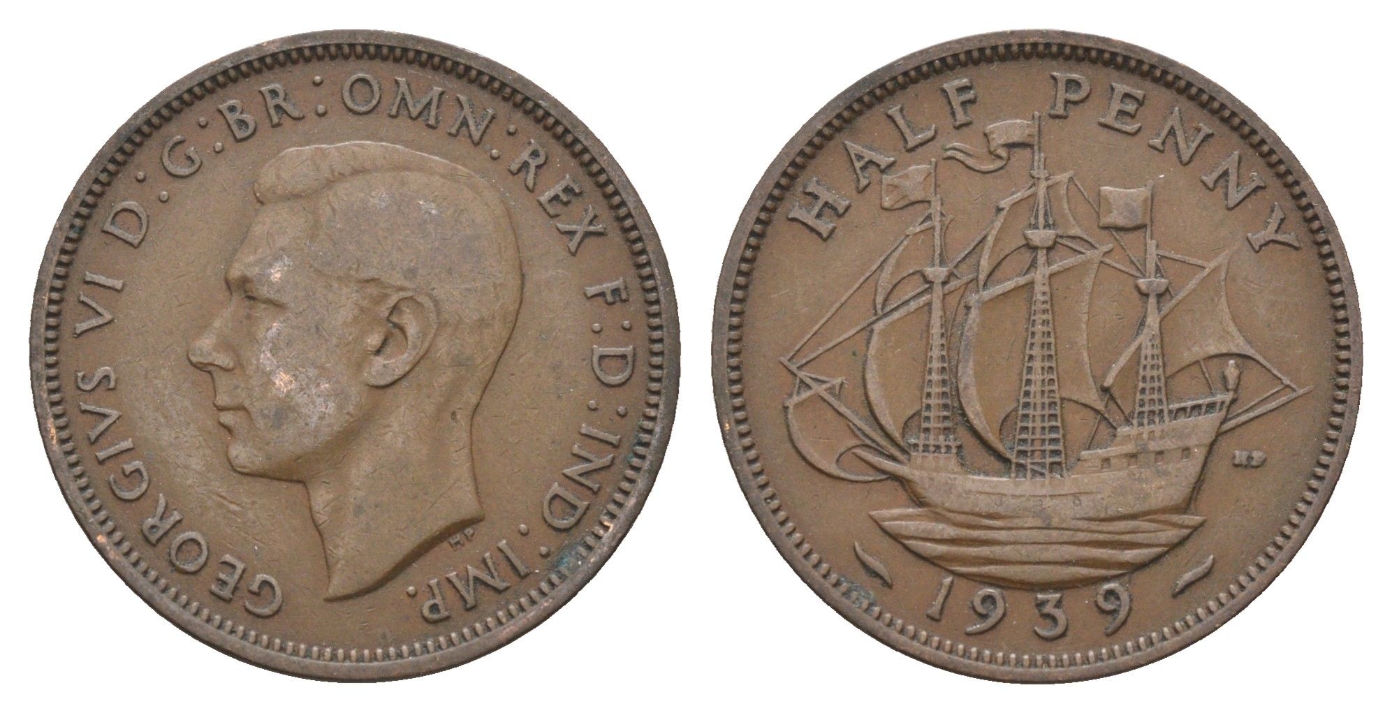 Великобритания 1/2 пенни 1939 Георг VI (1936-1952) KM 844, Spink 4115 бронза 4662-1047