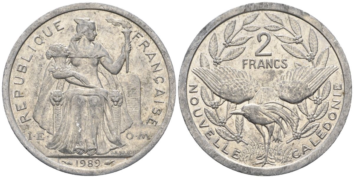 Французская Новая Каледония 2 франка 1989 птица кагу, (IEOM) KM 14, Schoen 11, Lec 65 алюминий    24-724