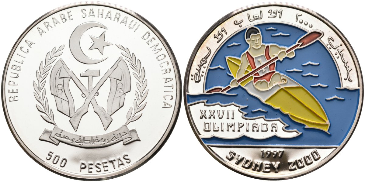Западная Сахара 500 песет 1997 XXVII Олимпийские игры в Сиднее, гребля на каяках, цветная эмаль KM 34 серебро PROOF 11-321-41