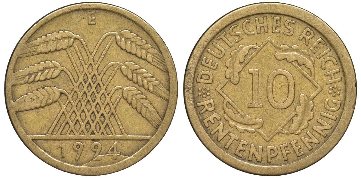 Германия 10 рентенпфеннигов 1924 E, брак чекана, разрушение штемпеля KM 33, J. 309 алюминиевая бронза 4604-633