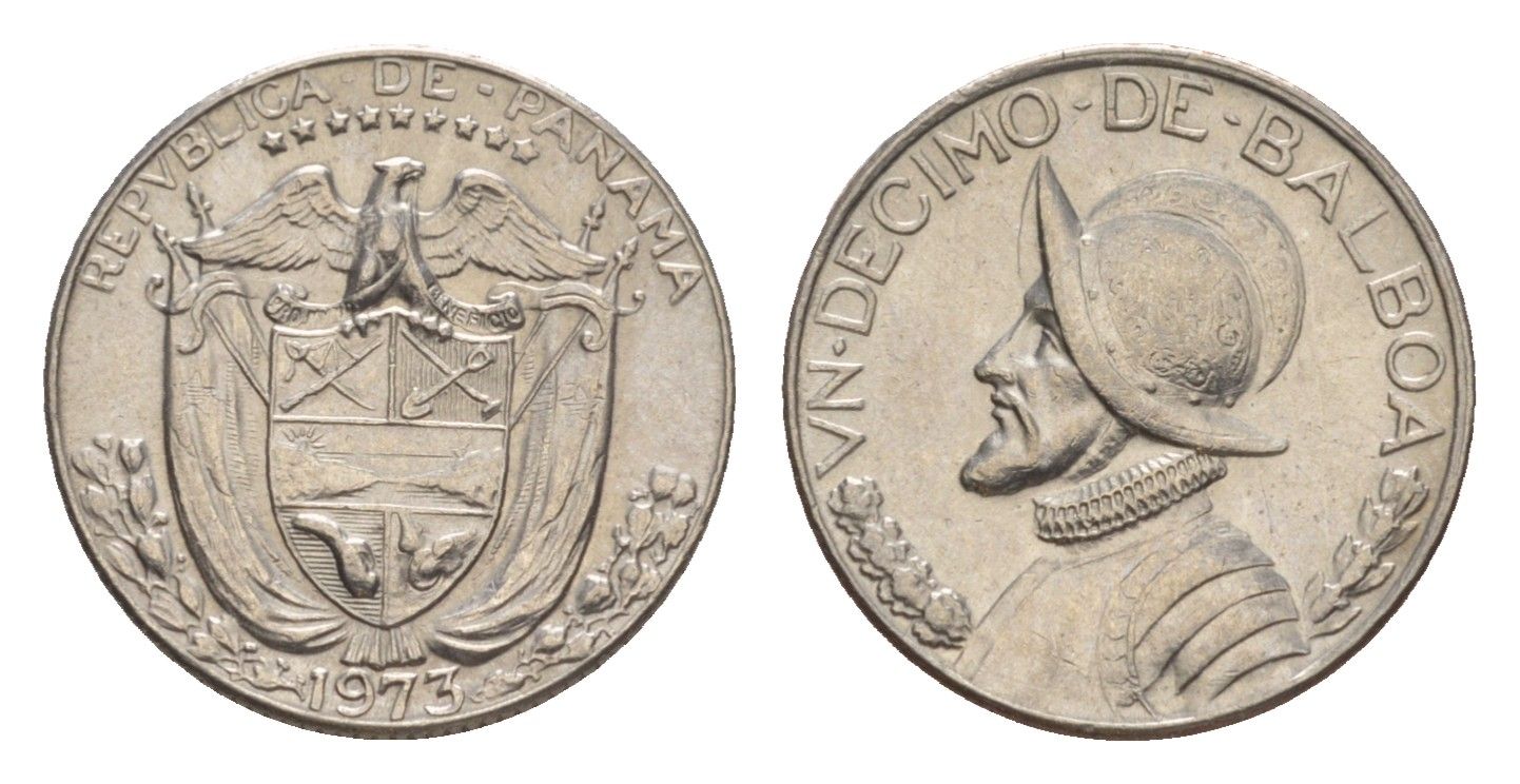 Панама 1/10 бальбоа (10 сентесимо) 1973 KM 10 медь плакированная медно-никелем UNC 4644-144