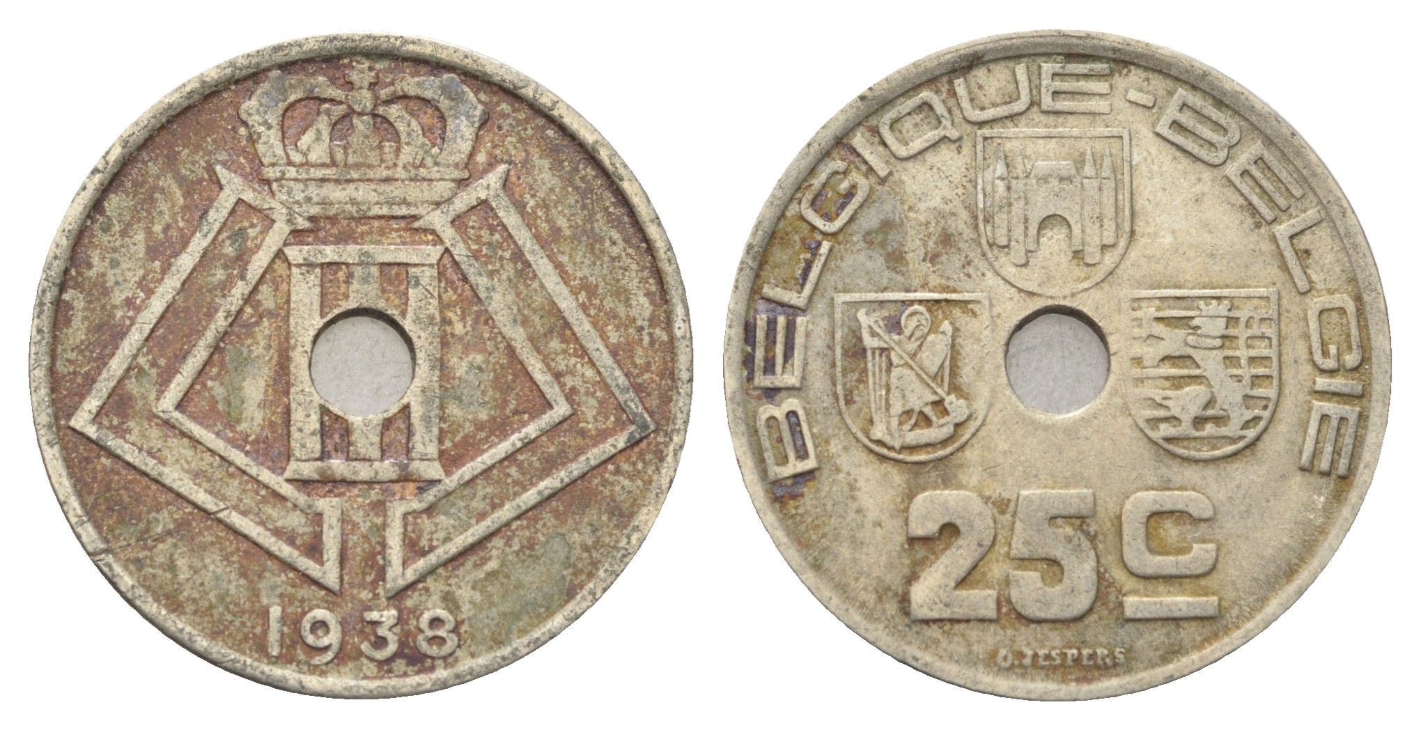 Бельгия 25 сантимов 1938 Belgique - Belgie, Леопольд III (1934-1947) KM 114 никель латунь 4704-1034