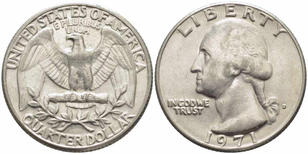 США 25 центов (квотер) 1971 Вашингтон KM 164а медь плакированная медно-никелем 63-935