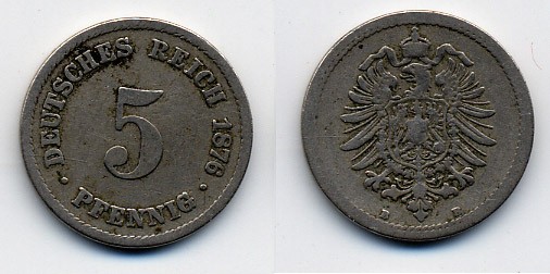 ГЕРМАНИЯ 5 ПФЕННИГОВ 1876 J, СТАРОГЕРБОВКА KM 3, J.3 медно-никель 46-1911
