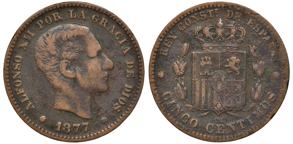 Испания 5 сентимо 1877 OM, Альфонсо XII KM 674 медь 4163-532
