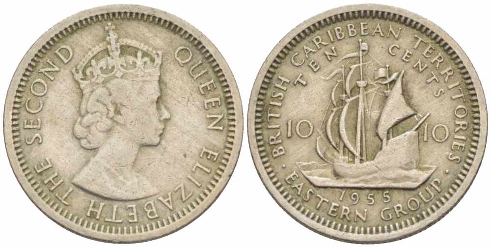 Британские Восточно-Карибские территории 10 центов 1955 Елизавета II (1952-2022), парусник KM 5 медно-никель 105-522