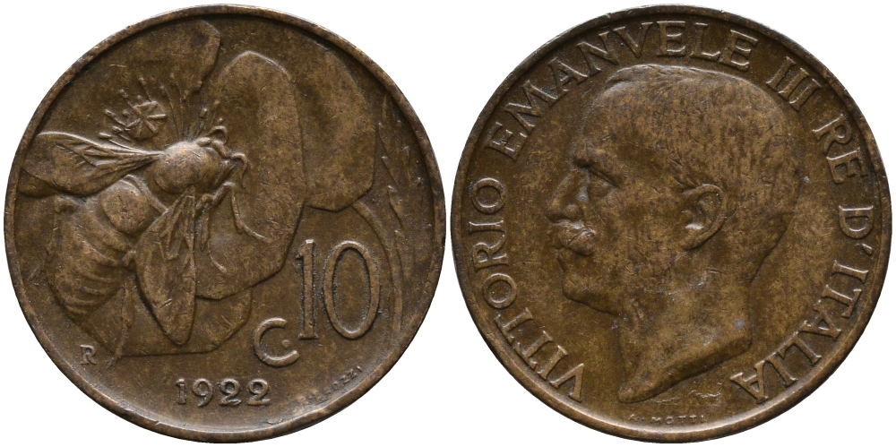 ИТАЛИЯ 10 ЧЕНТЕЗИМО 1922 R, ВИКТОРИО ЭМАНУИЛ III, ПЧЕЛА KM 60 медь 76-1055