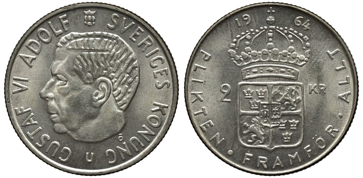 Швеция 2 кроны 1964 U, Густав VI Адольф (1950-1973) KM 827 серебро 00-00