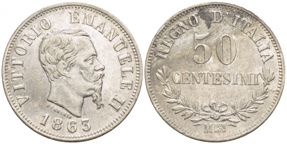 Италия 50 чентезимо 1863 N, Виктор Эммануил II (1861-1878) KM 14.2 серебро 4547-964