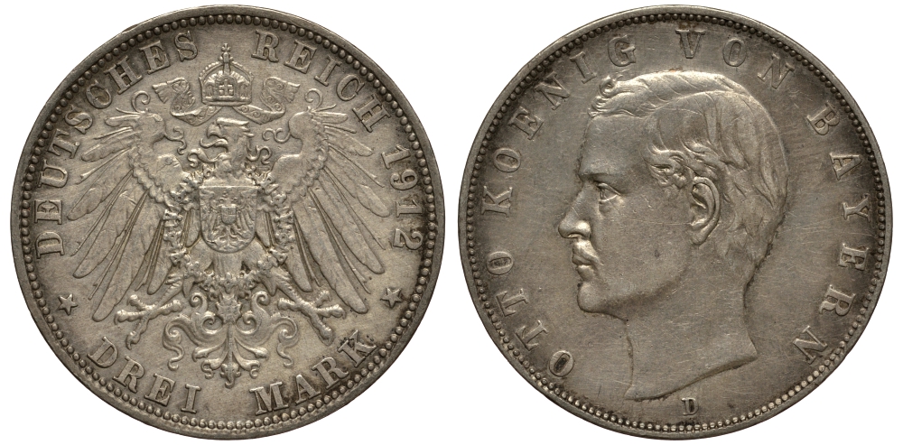 Бавария 3 марки 1912 Отто (1886-1913) Weege 45, J. 47, KM 515 серебро 3711-2112