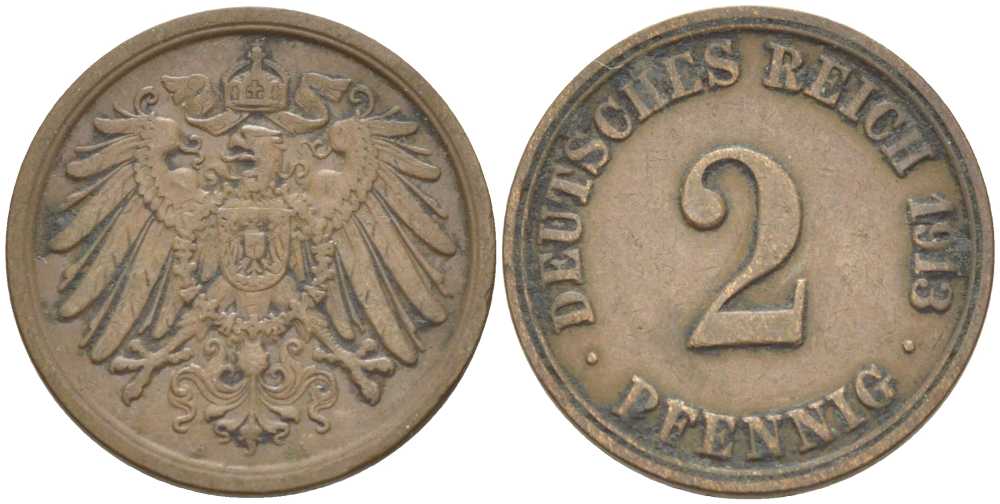 Германия 2 пфеннига 1913 A KM 16, J. 11, Weege 4 медь 212-421