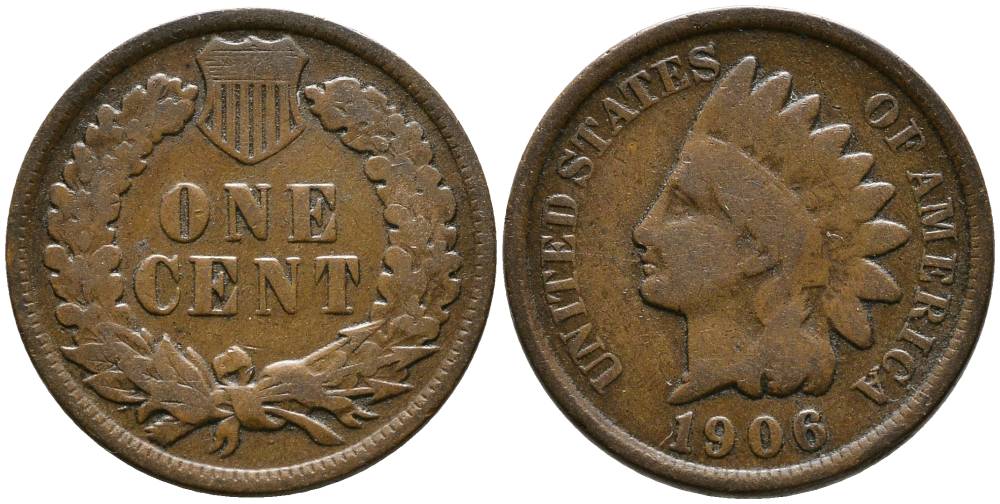США 1 ЦЕНТ 1906 ИНДЕЕЦ, INDIAN HEAD KM 90а бронза 4543-1117