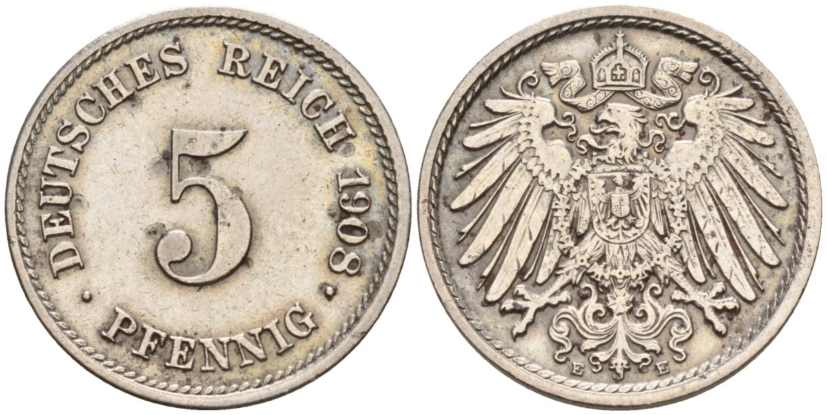Германия 5 пфеннигов 1908 A KM 11, Jager 12, Weege 6 медно-никель 4151-466