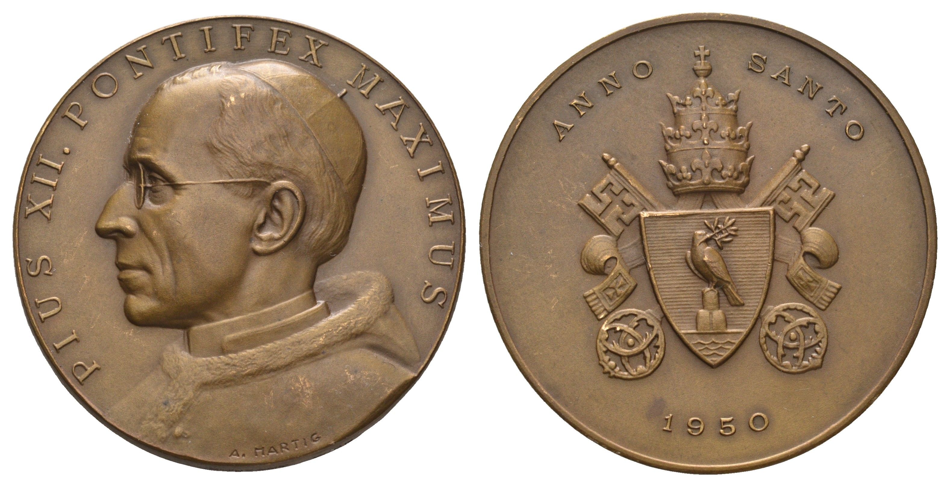 Ватикан медаль в память провозглашения 1950 года «Святым» папой Пийем XII 1950 Пий XII, диаметр 40 мм, вес 31,5 гр бронза 4127-1725