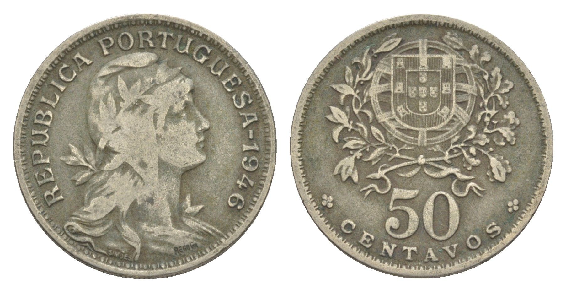 Португалия 50 сентаво 1946 голова Свободы вправо KM 577 никель латунь 4388-146