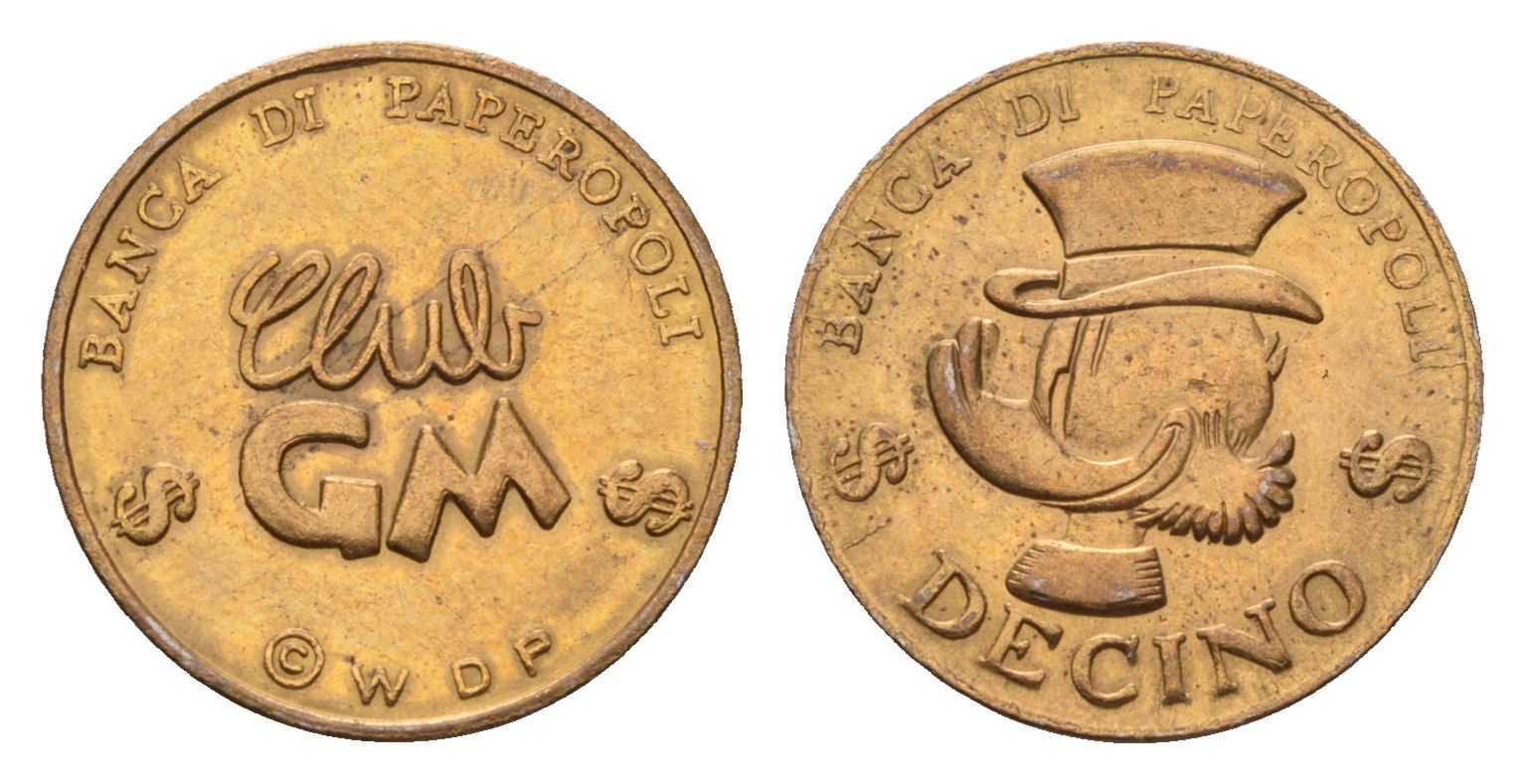 Италия детский игровой жетон - 1 decino Banca di Paperopoli, Walt Disney, Голова Скруджа Макдака, диаметр 19 мм, вес 2,6 гр медь 4669-268