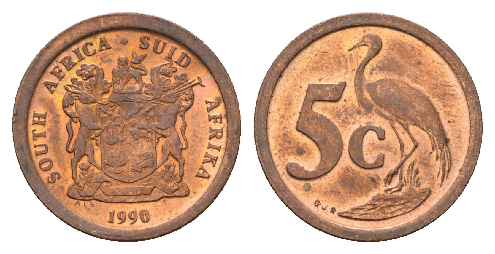 ЮАР 5 центов 1990 герб, райский журавль KM 134 сталь плакированная медью UNC 4687-144