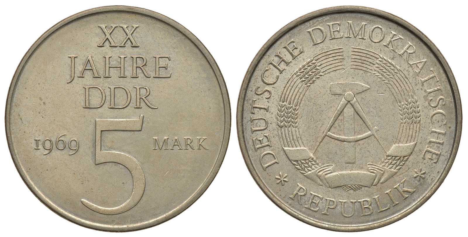 ГДР 5 МАРОК 1969 А, 20 ЛЕТ ГДР PROBA, RARE KM 22.1 а медно-никель 413-1034