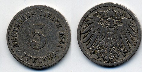 ГЕРМАНИЯ 5 ПФЕННИГОВ 1891 A, KM 11, J. 12 медно-никель 51-5066