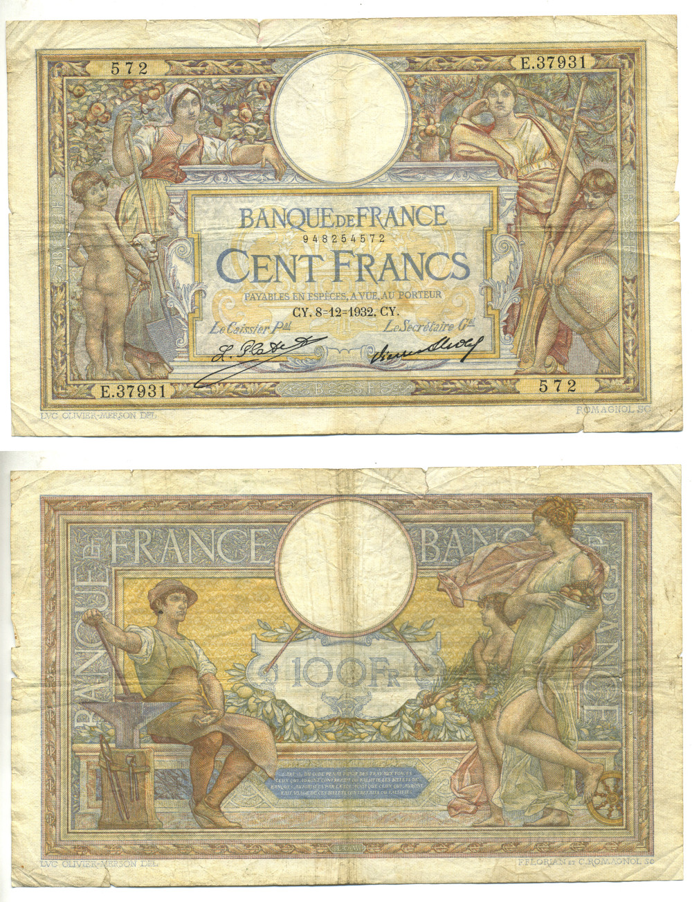 Франция 100 франков 1932 8 декабря 1932 Pick 78b бумага 444-47-1-2
