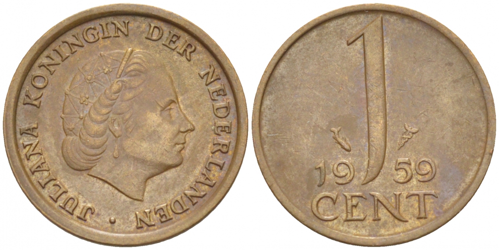 НИДЕРЛАНДЫ 1 ЦЕНТ 1959 ЮЛИАНА KM 180 бронза 3457-1168