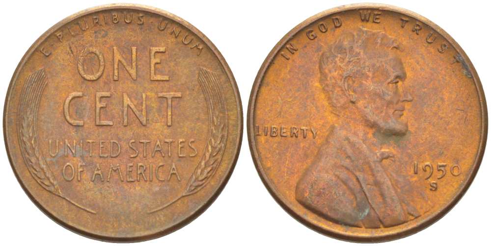 США 1 ЦЕНТ 1950 S, ЛИНКОЛЬН KM А132 медь цинк 218-231