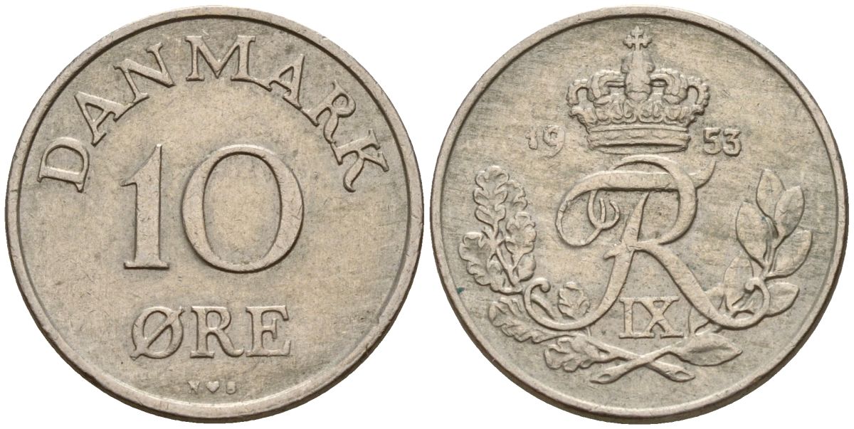 Дания 10 эре 1953 N; S, Фредерик IX (1947-1972) KM 841.1 медно-никель 4152-467
