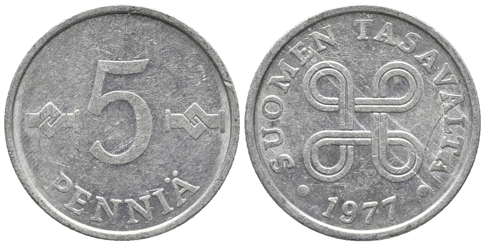 ФИНЛЯНДИЯ 5 ПЕННИ 1977 KM 45а алюминий 100-1266