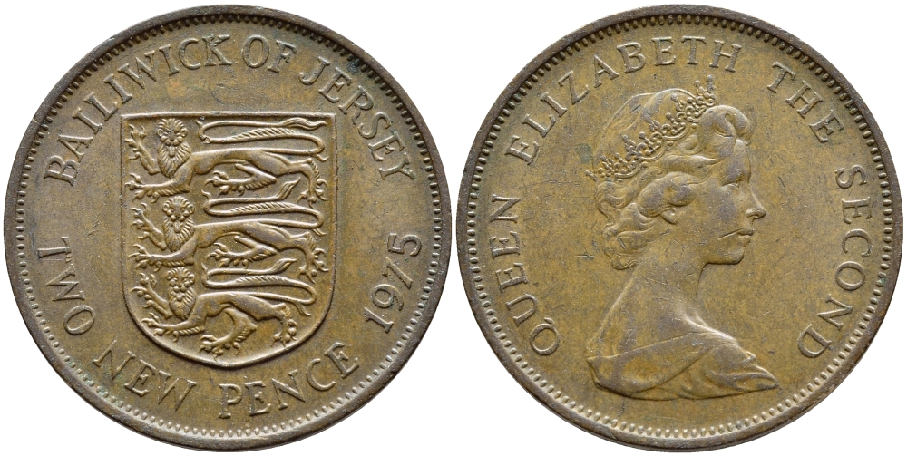 Джерси 2 пенса 1975 герб, Елизавета II (1952-2022) KM 31 бронза 4395-314