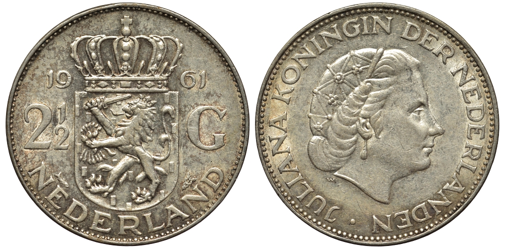 Нидерланды 2 1/2 гульдена 1961 Юлиана (1848-1980) KM 185 серебро 443-321