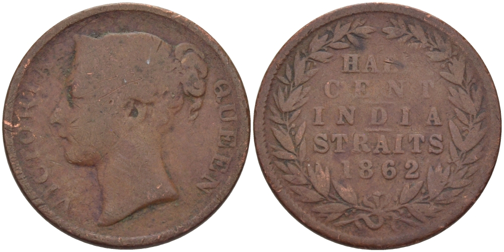 Стрейтс-Сетлментс 1/2 цента 1862 Виктория (1837-1901) KM 5 медь 28-536